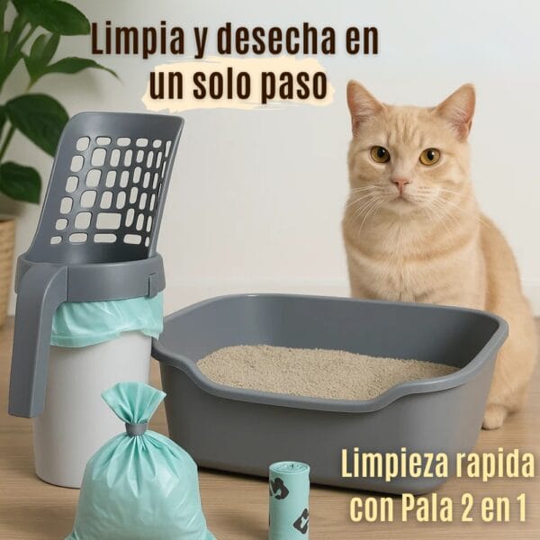 Pala para arena de gatos - 2 en 1 con soporte para bolsas